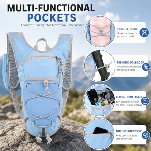 Lightweight Hydration Backpack 2L Water Bladder Pack for Running, Cycling, Hiking – Anti-Theft Water Backpack with Phone Holder, Trekking Pole Holder & Reflective Strips for Men & Women - color: Blue