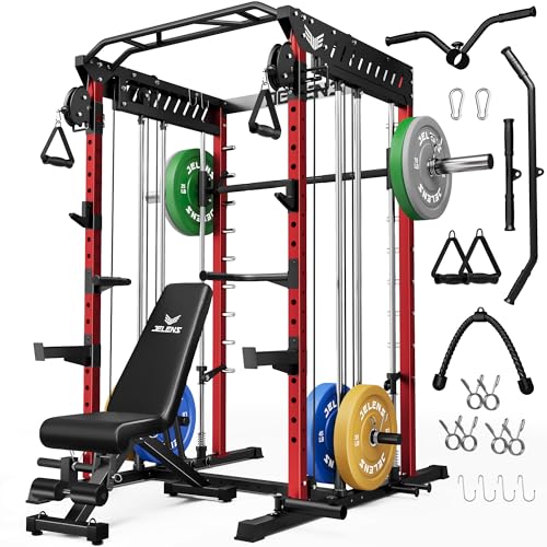 JELENS M21 Smith Machine, Multi-Function Power Cage with Dual Pulley Cable Crossover System, 2000LBS All-in-One Squat Rack with Smith Bar and Attachments - color: Red, size: 230LB Colored Weights Package