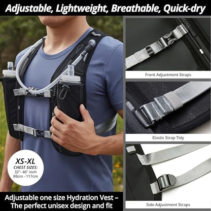 Running Hydration Vest for Women and Men. Reflective, 8 Pocket, Quick Dry, Water-Resistant, Breathable, Adjustable Backpack for Runs, Hiking, Cycling, Trails, Marathons - style: Black with 1.5L Water Bladder