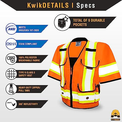KwikSafety GODFATHER Safety Vest Class 2 & Class 3 ANSI OSHA Hi Vis Vest - color: Orange (Sleeves), size: Medium