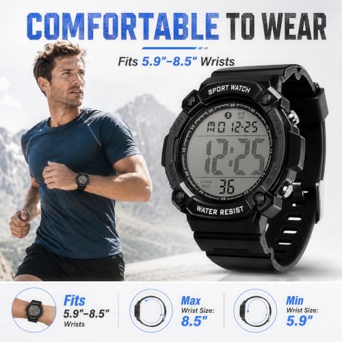 Black Digital Sports Watches for Men, Waterproof, Minimalist Large Face, Outdoor Use, LED Backlight, Stopwatch, Alarm, and Date