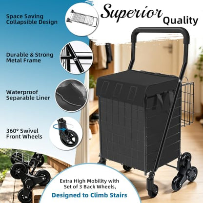 Kiffler Stair Climber Grocery Shopping Cart with Waterproof Line - color: Black+bag