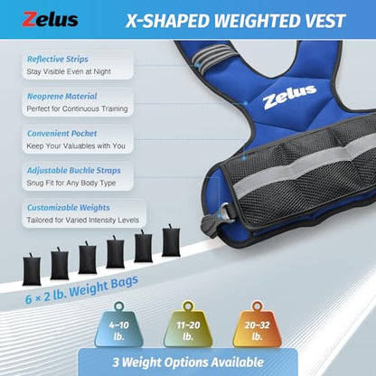 ZELUS Weighted Vest for Men Women,Adjustable 4-32lb Vest, Removable Weights - color: Blue, size: 20-32 lb.