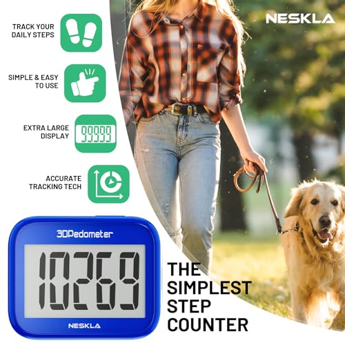 NESKLA 3D Pedometer, Simple Step Counter with Large LCD Display for Walking - color: Dark blue