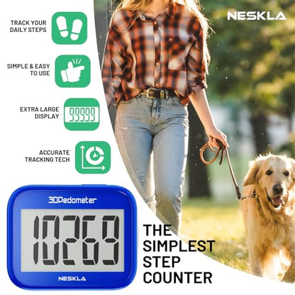 NESKLA 3D Pedometer, Simple Step Counter with Large LCD Display for Walking - color: Dark blue