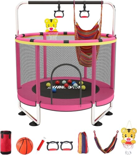 Trampoline for Kids, 55 Inch Adjustable Baby Toddler Trampoline with Basketball Hoop, 440lbs Indoor Outdoor Toddler with Enclosure (Blue) - color: Pink