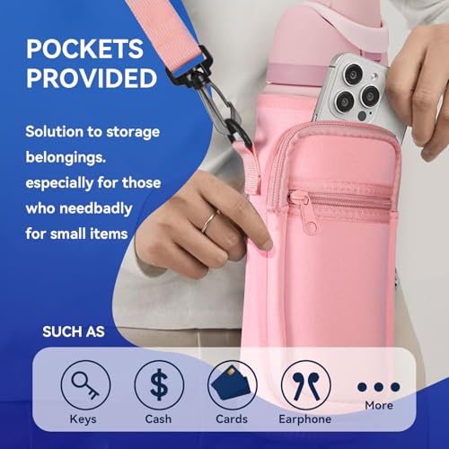 Neoprene Water Bottle Holder Bag with Cell Phone Pocket Compatible with Owala FreeSip 24 oz，Water Bottle Carrying Bag ，with Adjustable Shoulder Strap,for 24oz Stainless Steel Water Bottle - color: Pink