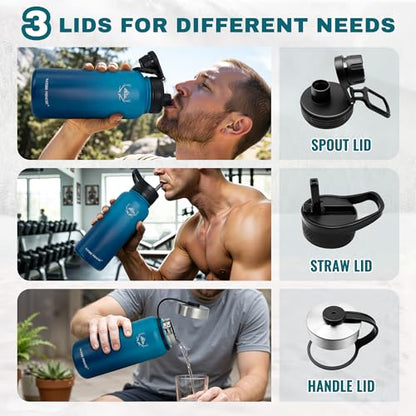 NATURE PIONEOR 32 oz Insulated Water Bottle with Carrier Bag & 3 Lids - color: Malachite Blue, size: 32 Ounces