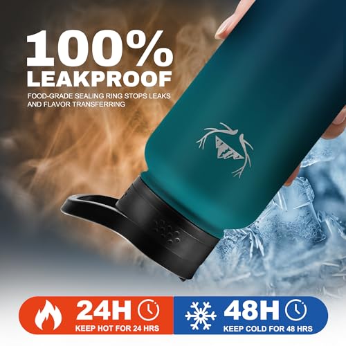 NATURE PIONEOR 32 oz Insulated Water Bottle with Carrier Bag & 3 Lids - color: Malachite Blue, size: 32 Ounces