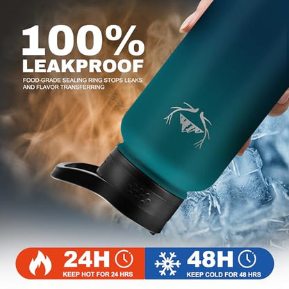 NATURE PIONEOR 40 oz Insulated Water Bottle with Carrier Bag & 3 Lids - color: Malachite Blue, size: 40 Ounces