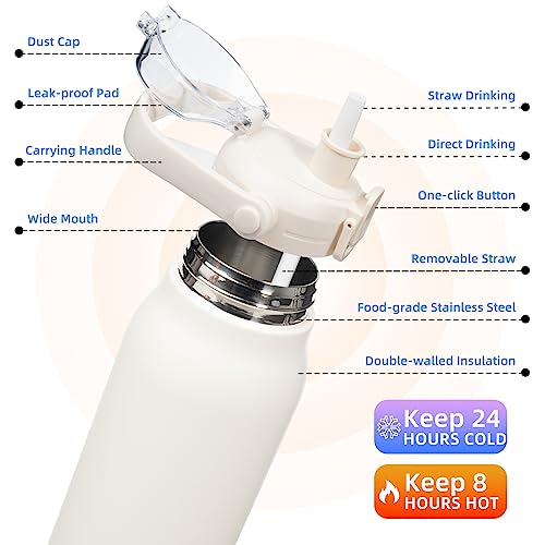 BJPKPK 45oz Insulated Water Bottle with Straw Lid, Stainless Steel Bottle - color: 45 ozWhite, size: 45 Ounces