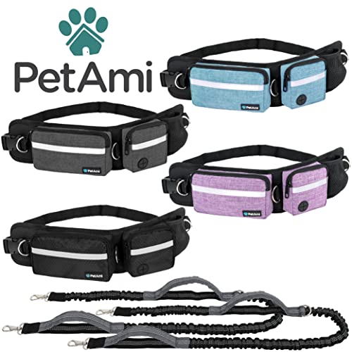 PetAmi Hands Free Dog Leash, Running Leash Belt Bag for Walking, Jogging, Waist Double Zipper Pouch with Poop Dispenser, Dual Padded Handles Reflective Bungee Double, Purple, 2 Leashes - color: Purple, size: 2 Leashes