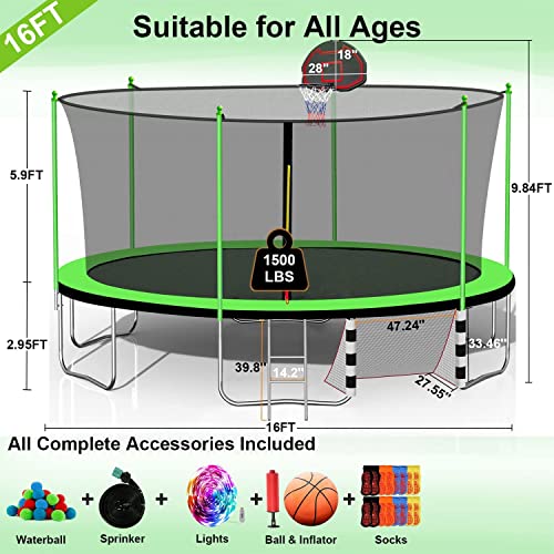 1500 LBS Trampoline for Adults 10 Kids, 15FT 16 FT Trampoline with Sprinkler, Basketball Hoop Enclosure Net, Water Ball, Light with Speaker, Sock - ASTM CPC CPSIA Heavy Duty Outdoor Trampoline