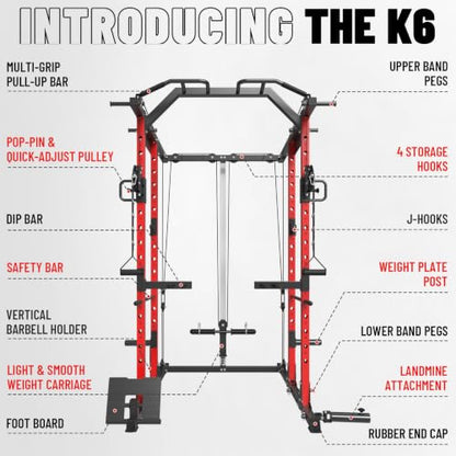 Mikolo Power Cage, Power Rack with Cable Crossover System, 1500LBS Squat Rack with LAT Pull Down System, Workout Cage with Pulley System for Fitness Home Gym - color: Red, style: K6 Ultra (Aluminum Pulley)