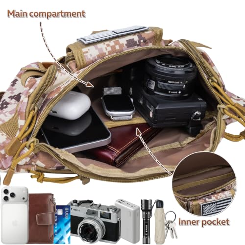 Hiking Waist Packs, Tactical Fanny Pack for Men Women, Waist Bag Hip Belt Bag Crossbody with 5 Zipper Pockets, Travel Outdoor Hiking Fishing Bumbag with Patch - Desert Digital Camo - color: Desert Digital Camo