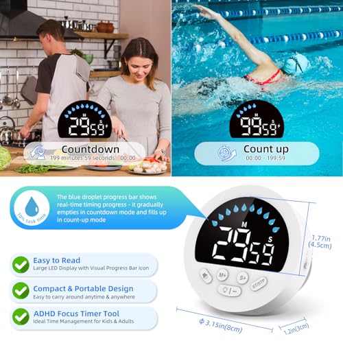 Waterproof Shower Timer for Bathroom Kitchen with Countdown Count-up, White