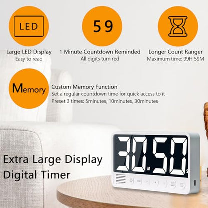 Digital Kitchen Timer with Extra Large Display White - color: White
