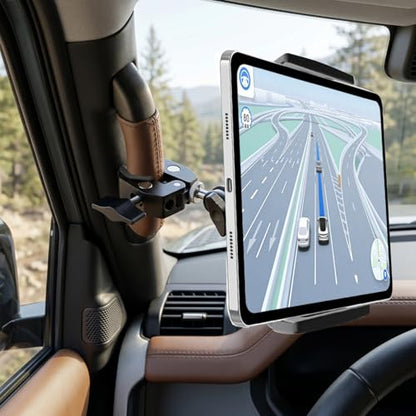 Tablet Clamp Mount Stand, Car Grab Handle iPad Holder Mount Clip Stand for Truck, Pickup, SUV, Van, Excavator, Front Loader, Jeep, Fit 5-13” iPad Pro 12.9 Air Mini, Galaxy Tab, iPhone, Fire HD 10