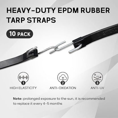 ROBLOCK Adjustable 31" Rubber Tarp Straps with 150% Max Stretch, 100% EPDM Bungee Cords with Metal Crimped S Hooks, Ideal for Securing Tarps, Cargo, Canvases, Weatherproof (10 Pack) - size: New Model Adjust 31"(pack of 10)