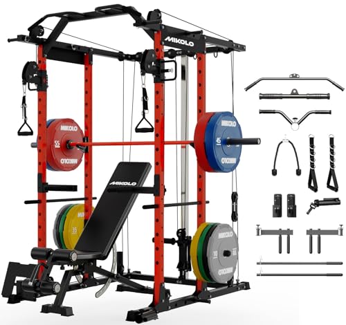 Mikolo Power Cage, Power Rack with Cable Crossover System, 1500LBS Squat Rack with LAT Pull Down System, Workout Cage with Pulley System for Fitness Home Gym - color: Red, style: Package with Color BP 370LB