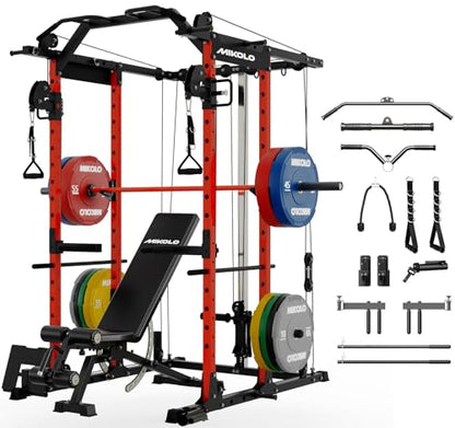 Mikolo Power Cage, Power Rack with Cable Crossover System, 1500LBS Squat Rack with LAT Pull Down System, Workout Cage with Pulley System for Fitness Home Gym - color: Red, style: Package with Color BP 370LB