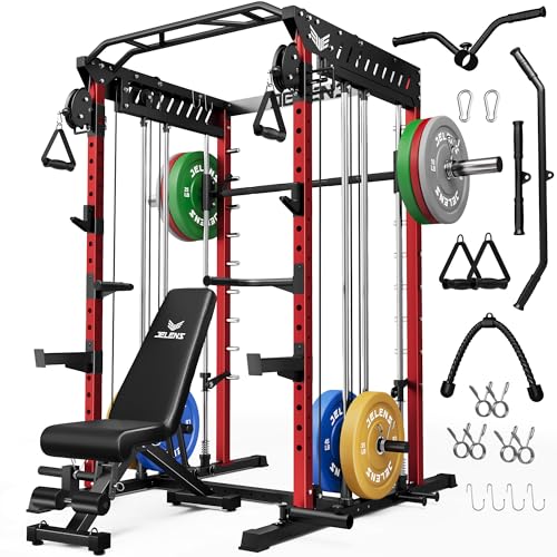 JELENS M21 Smith Machine, Multi-Function Power Cage with Dual Pulley Cable Crossover System, 2000LBS All-in-One Squat Rack with Smith Bar and Attachments - color: Red, size: 260LB Colored Weights Package