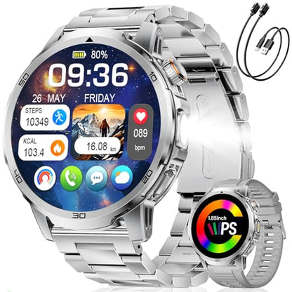 Military Smart Watch for Men Answer/Make Call, 1.85'' HD Rugged Smartwatch with 1000mAh Battery/Flashlight/Heart Rate/110+ Sports Mode, IP68 Waterproof Fitness Tracker Watch for Android iPhone - color: Silver