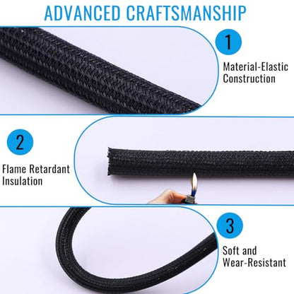 3/8" - 10Ft Split Braided Cable Sleeve, Wire Loom Tubing, Black - size: 3/8" - 10Ft