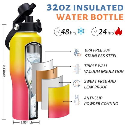 32 oz Travel Coffee Mug & Water Bottle Fits Car Cup Holder Straw Spout Lids - color: Yellow Pink, size: 32 Ounces