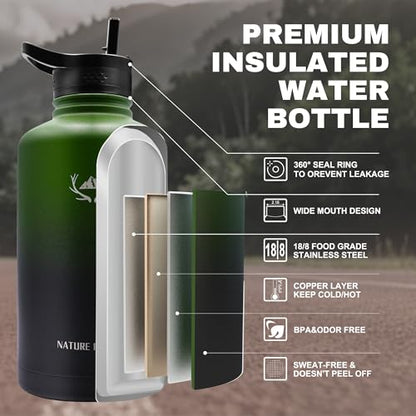 NATURE PIONEOR 64 oz Insulated Water Bottle with Carrier Bag & 3 Lids - color: Green Black, size: 64 Ounces