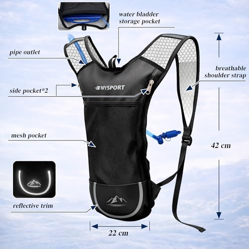 Lightweight 2 Pack Hydration Backpack with 2L Water Bladder for Hiking - color: Black