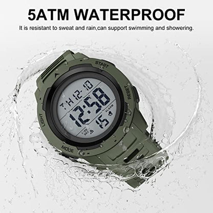 GOLDEN HOUR Mens Waterproof Digital Sport Watches Wide Screen Easy Read Display Military Style with Rubber Strap - color: green