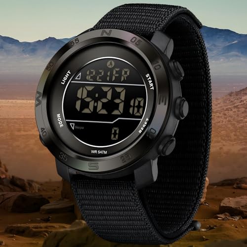 findtime Step Counter Watch No Phone Needed Pedometer for Walking Mens Women's Digital Watches with Calories Distance Alarm Countdown Timer Nylon Strap Black