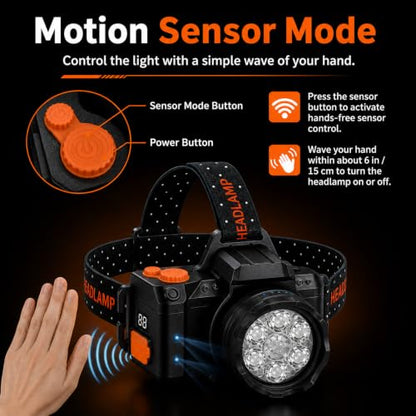 LED Headlamp with Motion Sensor and Battery Display, 7 LED Head Lamp with 6 Light Modes and Adjustable Elastic Headband, Hands Free Headlight for Adults, Camping, Hiking, Fishing and Outdoor Work