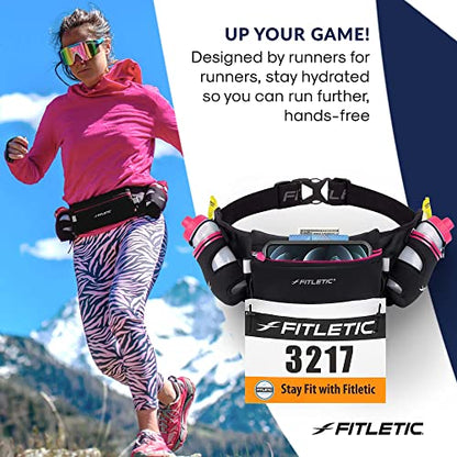 Fitletic Hydration Running Belt with Water Bottles for Men & Women – 2 Quick Flow 8oz Running Water Bottles, Patented Bounce Free Design, Water Resistant Pouch Fits All Phones – Hydra 16 - size: L/XL (35"-42"), style: Black & Pink