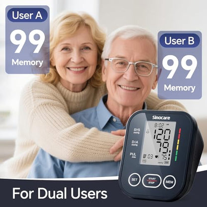 Sinocare Blood Pressure Monitor, Upper Arm Blood Pressure Monitors for Home Use, Adjustable Arm Cuff 8.6"-16.5", One-Button Operation, Dual User, Accurate & Practical (Black) - color: Black