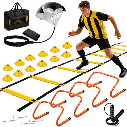 Simple Deluxe Agility Ladder Speed Training Equipment Set, 20ft Speed Ladder, 4 Adjustable Hurdles, Resistance Parachute, 12 Soccer Cones, Jump Rope, Ground Stakes for Football & Fitness - color: Yellow