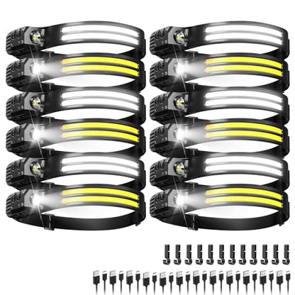 Rechargeable Headlamps 12 Pack, LED Headlight 230° Ultra Wide Beam, 6 Modes Waterproof Head Lamp, Hands-Free Forehead Light for Camping, Hiking, Running, Outdoor Gear