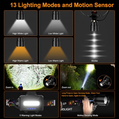 SKYFIRE Rechargeable Headlamp 3000 Lumens, LED Brightest Headlamps for Adults with 7500mAh Battery, Motion Sensor Waterproof Headlamp for Camping Hiking Hunting - Dual Light Sources Warm & White Light