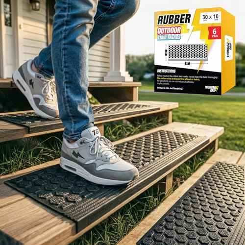 Rubber Stair Treads Outdoor 30" x 10" 6-Pack - Heavy-Duty Non-Slip Rubber - size: 30" x 10" x 6P