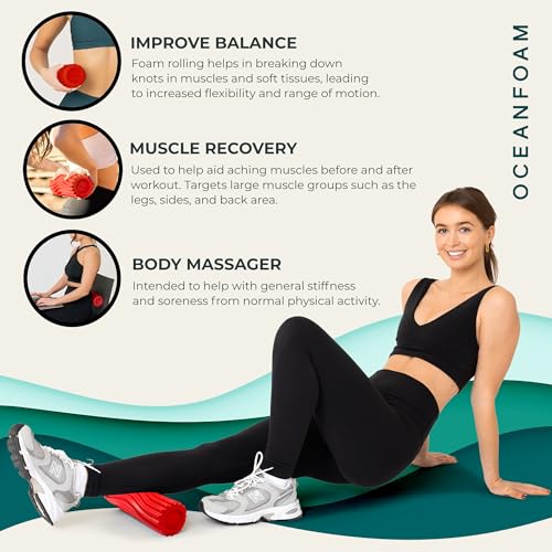 Oceanfoam Ripple Travel Foam Roller (11" x 3.35") Firm Mini Foam Roller for Physical Therapy, Deep Tissue Massage, Back Pain - High Density, Ergonomic Wave Textured - Yoga, Pilates, Exercise (Red) - color: Red