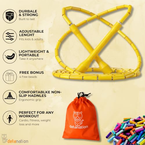 Beaded Jump Rope for Women Men & Kids – Tangle-Free Segmented Skipping Rope, Adjustable Length + Carry Bag & 4 Free Customization Beads – Cardio Fitness Boxing CrossFit Training - color: yellow