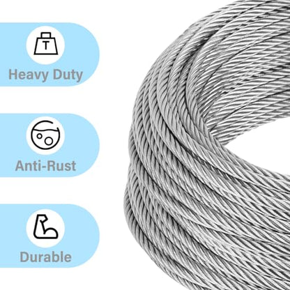 1/4 Stainless Steel 200ft 304 Aircraft Cable with 6400lbs Tensile Strength, 7x19 Strands Wire Rope with Stainless Cable Clamps & Thimble, Perfect for Yard Zipline, Boat Lifts - size: 200FT