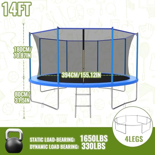ACWARM HOME 10FT/12FT/14FT Trampoline for Kids and Adults - Outdoor Trampoline with Safety Net - Anti Rust - ASTM Approved - Blue