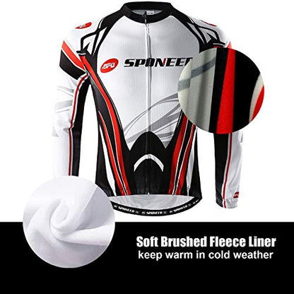 sponeed Men's Cycling Jersey Full Sleeve Riding Wear Long Sleeve T Shirts Pants - color: Fleece Red White, size: Large