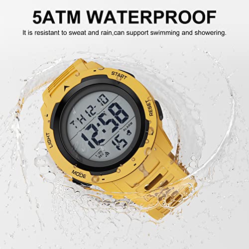 GOLDEN HOUR Mens Waterproof Digital Sport Watches Wide Screen Easy Read Display Military Style with Rubber Strap - color: yelllow