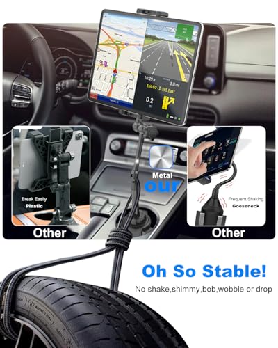 Heavy Duty Metal Cup Holder Tablet Car Mount - Extra Long Arm