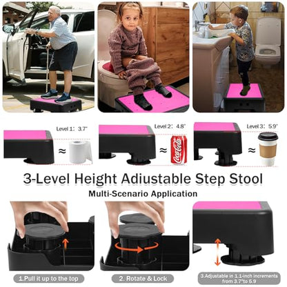 Adjustable Step Stool for Adults - Noctilucent Bed Step Stools, 600 LBS Capacity Non-Slip Safety Step Platform Indoor and Outdoor for Seniors and Adults, Wide Step Stools Elderly Assistance at Night
