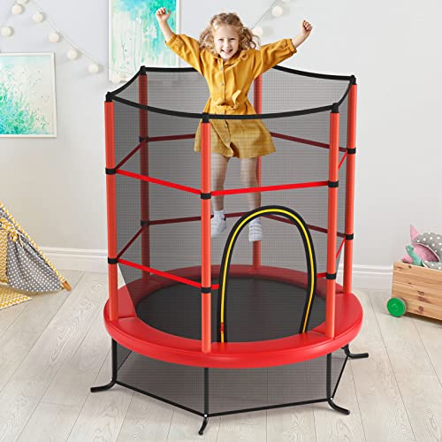 GYMAX Toddler Trampoline, 55” Trampoline for Kids with Bottom-to-Top All-Round Enclosure Net & Seamless Jumping Mat, ASTM Approved Easy Assembly Kids Mini Trampolines Indoor/Outdoor - color: Shine Red