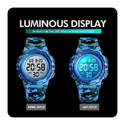 Dayllon Kids Digital Watch Boys Outdoor Sports 50M Waterproof Girls Watches Alarm Clock 12/24 H Stopwatch Calendar for Ages 3-15 Boy Girl Wristwatch Kids Gift - color: Camo Light Blue X( 8-15 Year Old)